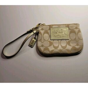 Coach Tan Gold  Signature Jacquard Wristlet Canvas Metalic